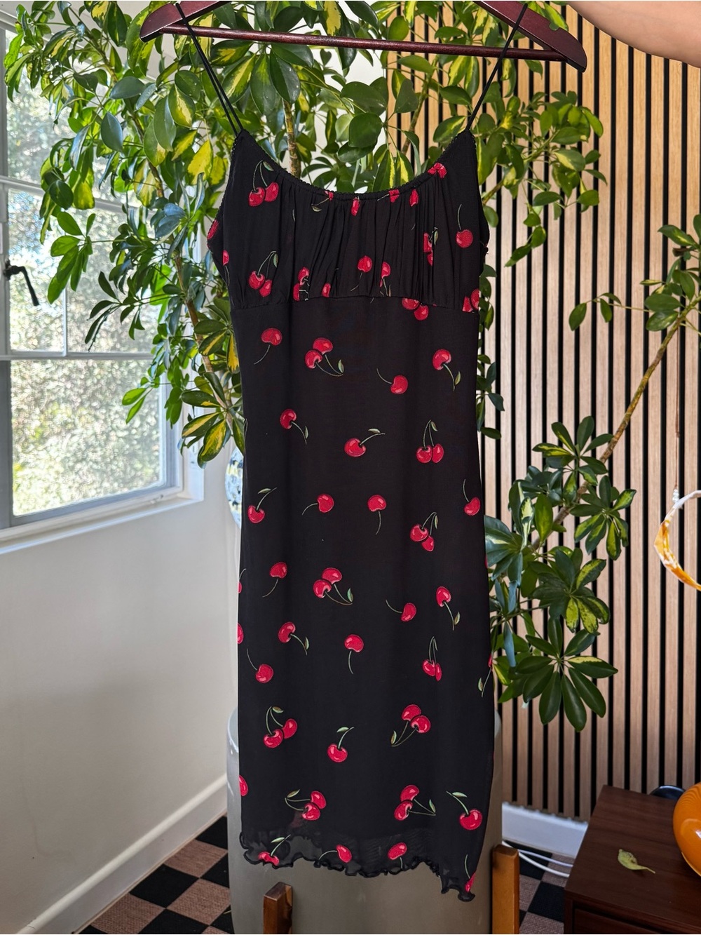 Bear Dance Black Slip Mini Dress with Red Cherry Print